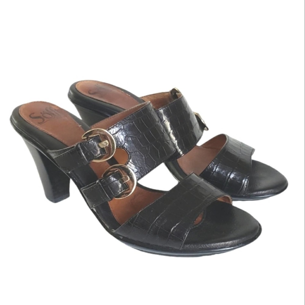 Sofft Black Crocodile Embossed Leather Buckle Two Strap Cone Heel Sandals 7.5